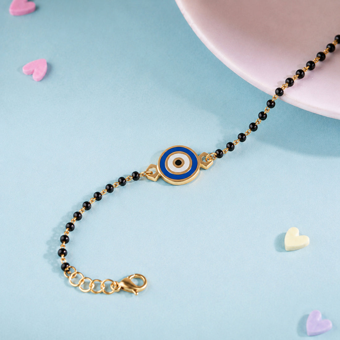 CYGNI Evil Eye Nazariya Bracelet Set of 2 | Gold Plated Black Bead Adjustable Bracelet for Women & Girls | Lucky Protection Bracelet