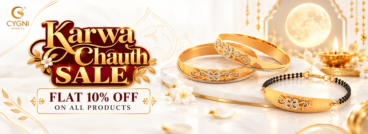 Cygni Jewellers Karwa Chauth Sale promotional banner featuring three ornate gold bangles and a black-and-gold beaded bracelet on a marble surface, with festive decorative elements and text offering flat 10% off on all products.1621243260e1af0c20-0