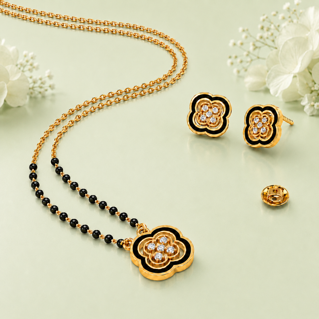 CYGNI Black Floral Gold-Plated Mangalsutra Set with Earrings for Women