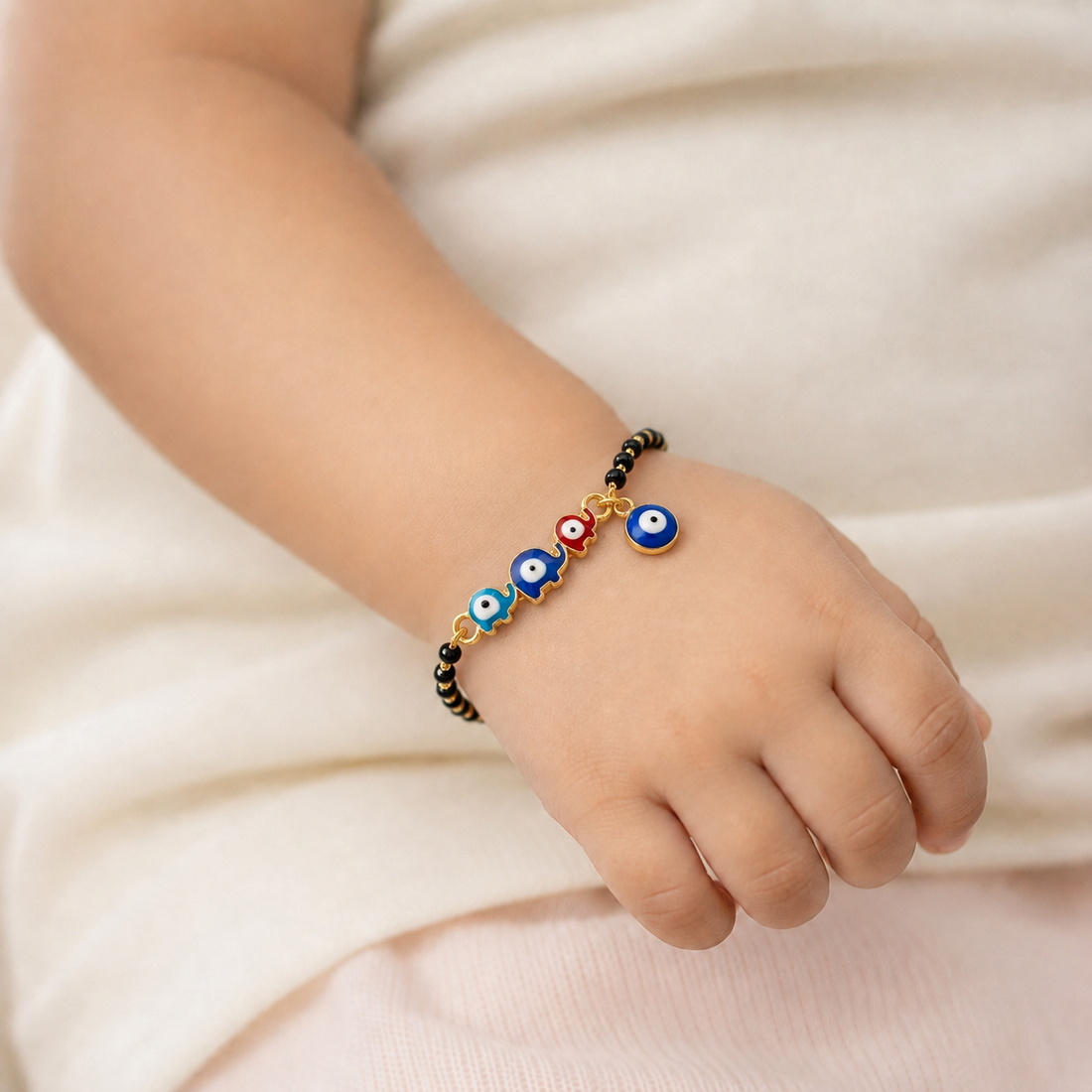 CYGNI Kids Elephant Evil Eye Nazariya Bracelet set of 2 | Gold Plated Black Bead Adjustable Bracelet for Baby Boys & Girls | Lucky Protection Bracelet
