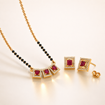 CYGNI Red Stone Square Pendant Mangalsutra Set with Earrings for Women