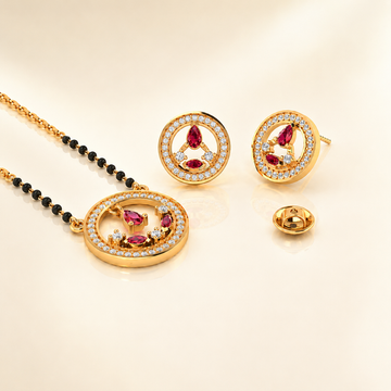 CYGNI Elegant Ruby Red Stone Gold Plated Mangalsutra Pendant Set with Earrings for Women