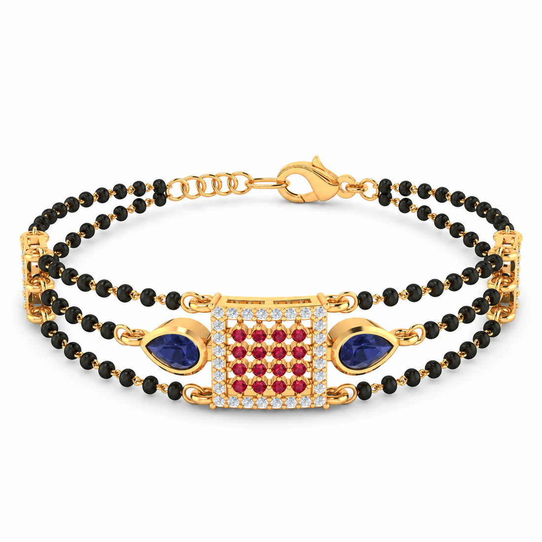 CYGNI Dual Layer Black Beads Mangalsutra Bracelet with Ruby & Blue Stone Design