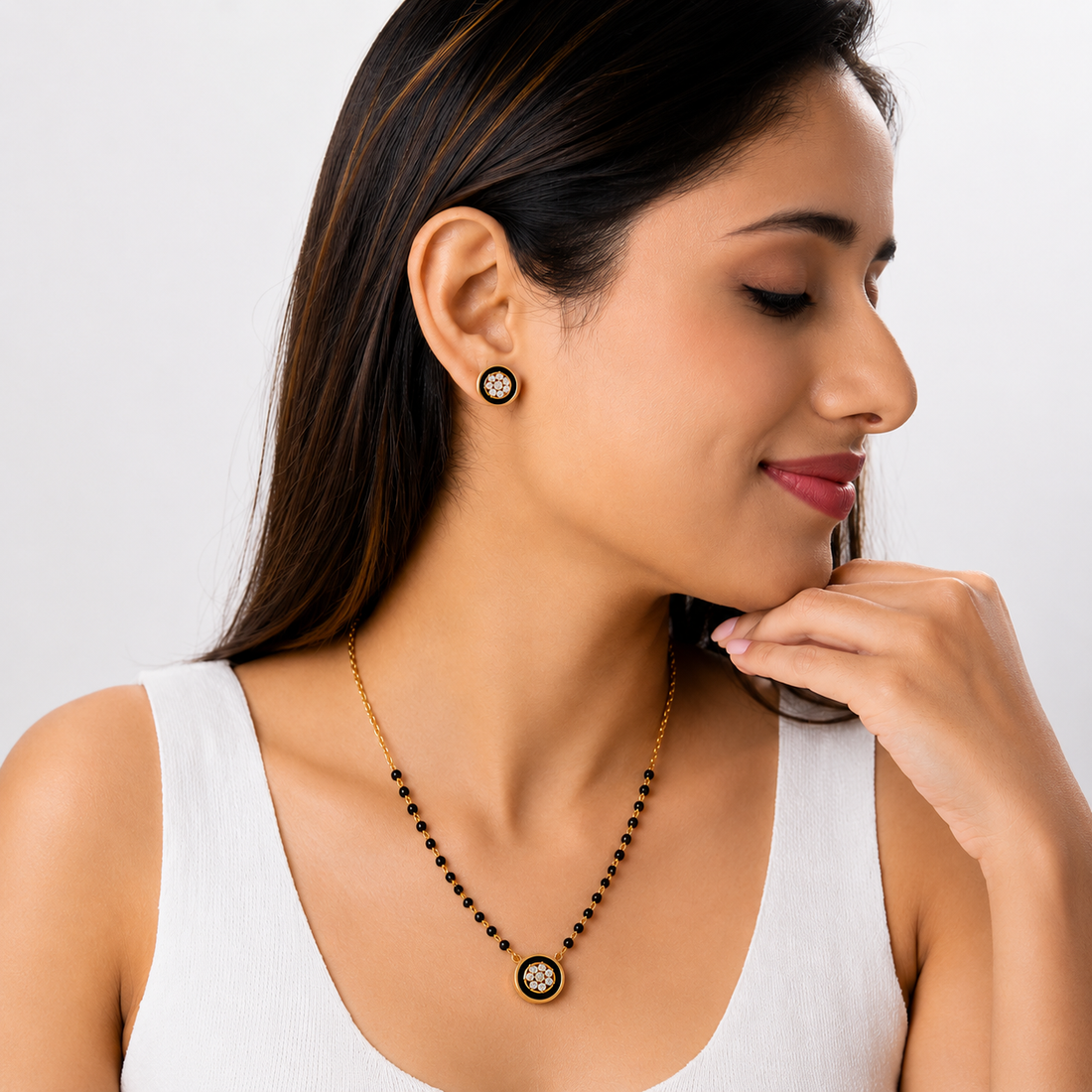 18 Gold Plated Floral Mangalsutra Pendant Set with Stud Earrings for Women
