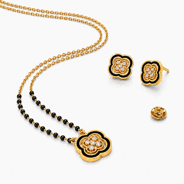 CYGNI Black Floral Gold-Plated Mangalsutra Set with Earrings for Women