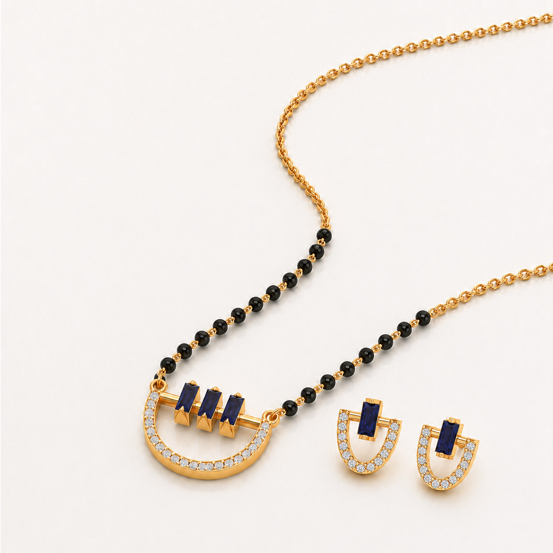 CYGNI Blue Stone Diamond Mangalsutra Set with Matching Earrings for Women