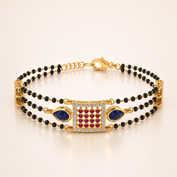 CYGNI Dual Layer Black Beads Mangalsutra Bracelet with Ruby & Blue Stone Design
